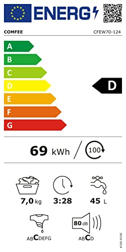Comfee CFEW70-124 Waschmaschine / 7KG / Slim Line / D / 1200 U/min / Trommelreinigung / 15min-30min-45min Schnellwaschgang