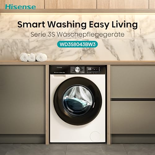Hisense WD3S8043BW3 Waschtrockner/ConnectLife /16 Programme /8 KG, 54 Liter /1400 U/min/Dampffunktion/JetWash/Anti-Allergie Program/Auto Program/Eco Wash/Steam Refresh/Wolle/EEK A-D
