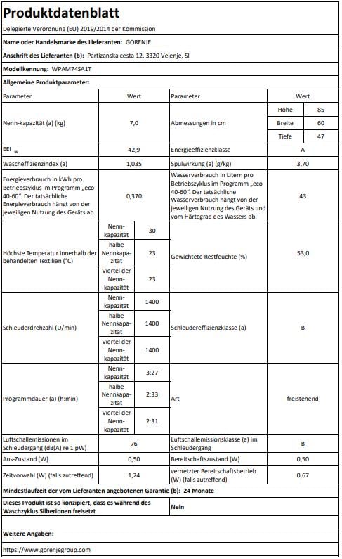 Gorenje WPAM74SA1T Waschmaschine mit Dampffunktion/Slim/ConnectLife / 7Kg / 1400 U/min/15 Programme/Totaler AquaStop/Wave Active Trommel/ExtraHygiene/PowerWash/Schnell Waschgang/EEK: A-10%
