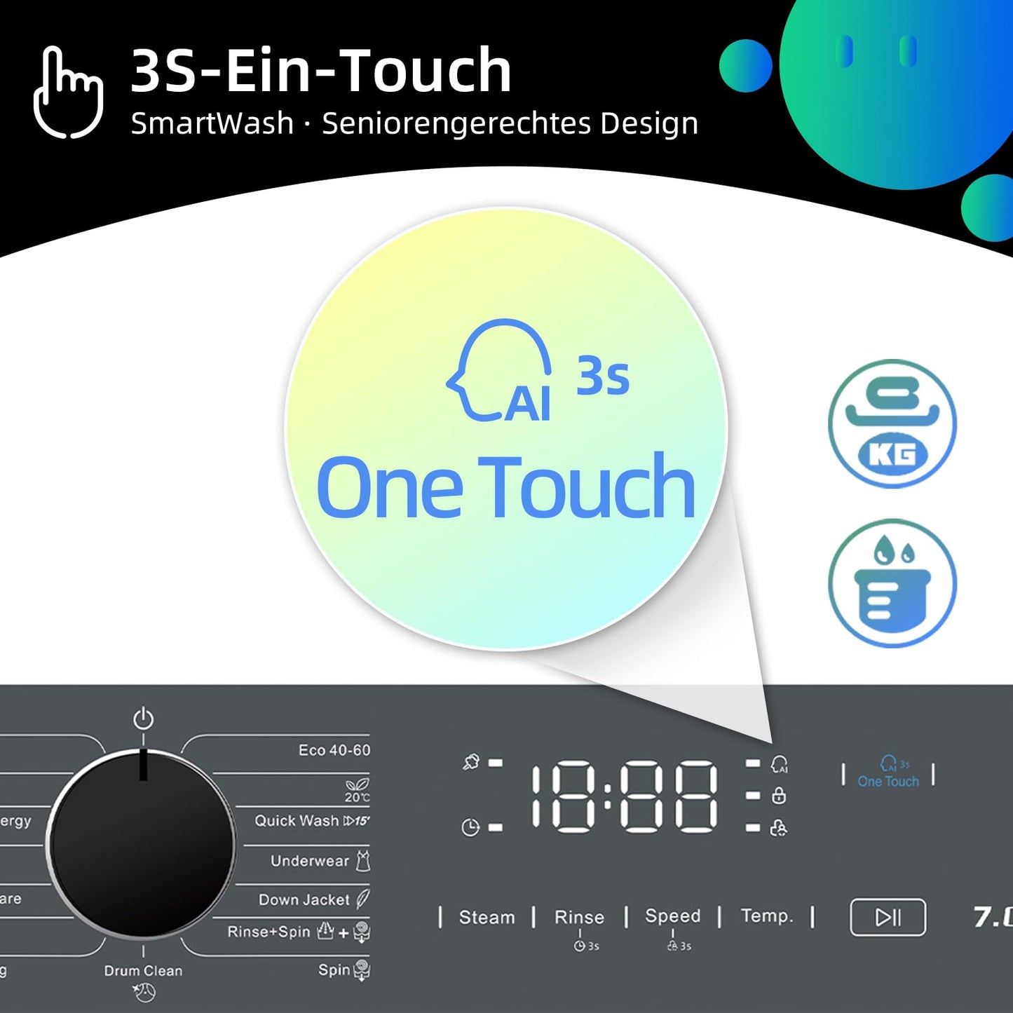 CHiQ Waschmaschine 7kg, InverterMotor, EEK A| 60x46,5x84cm, Große Tür| Eco, Speed Wash, Auto Clean, Kindersicherung|1200 U/Min, Washer Grau, CW07123863AX
