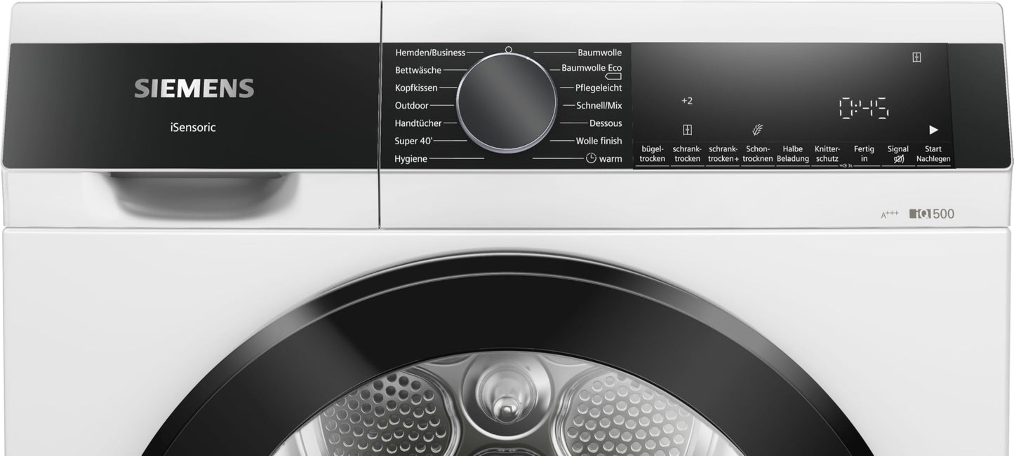 Siemens WQ33G2D40 Wärmepumpentrockner für 8 kg Wäsche, iQ500, A+++, 176 kWh/Jahr, speedPack, autoDry, Outdoor-Programm, Weiß