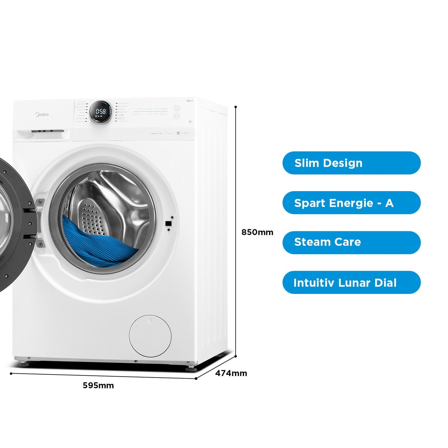 Midea MF200W80WB-14AS Waschmaschine/8KG /Energieeffizienzklasse A/Mengenautomatik/Steam Care/Nachlegefunktion / 1400 U/min/Zeitsparen - Turbo/nur 48 cm tief/APP-Steuerung, AquaStop, Weiß