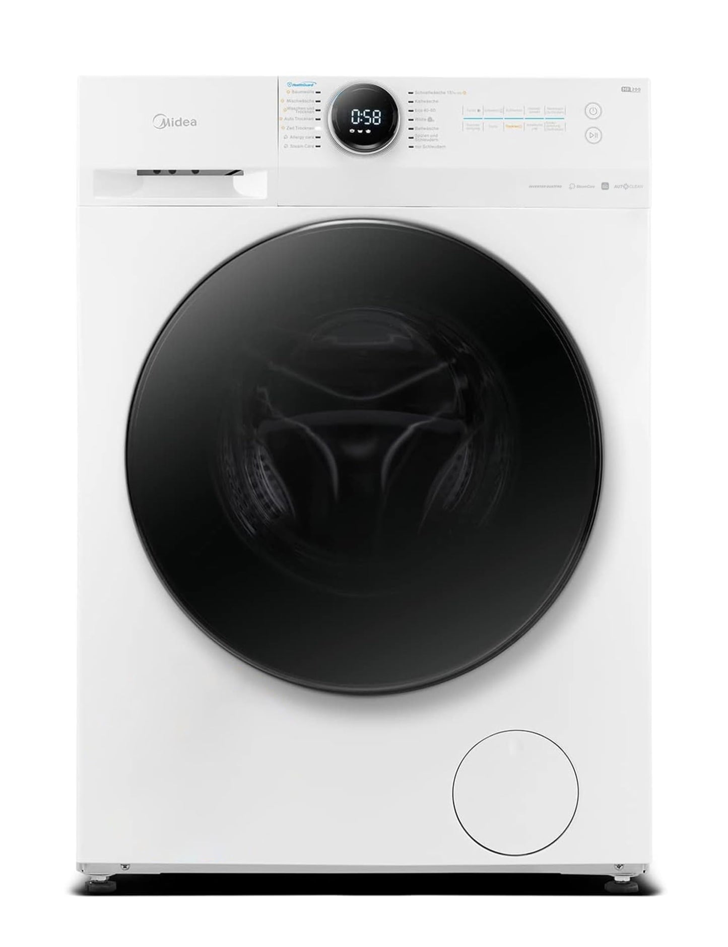 Midea MF200D86WB-14DAS Waschtrokner, 8&6kg Waschen&Trocknen, Inverter Mortor, Auffrischen, 60 Min. Waschen & Trocknen, Steam Care, Turbo, 48 cm tief, APP-Steuerung, AquaStop