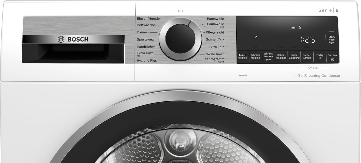 Bosch WQG235D00, Stiftung Warentest GUT (2,2)*, Serie 6, Wärmepumpentrockner 8 kg, Schneller getrocknete Wäsche, Auto Dry, Option Halbe Beladung, Sensitive Drying-System, Selbstreinigender Kondensator