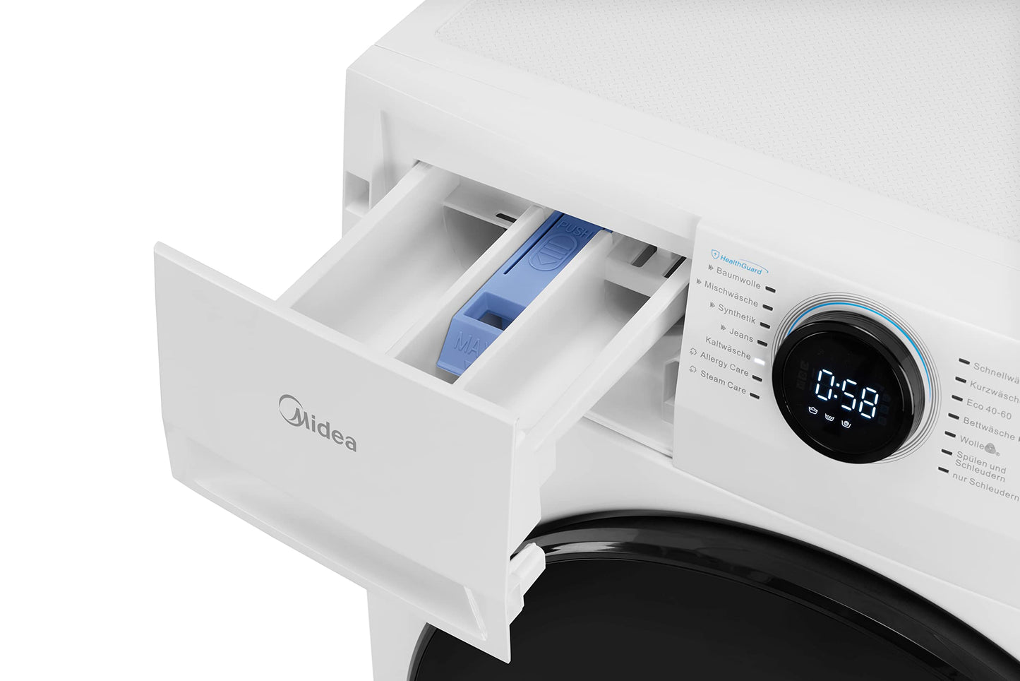 Midea MF200W80WB-14AS Waschmaschine/8KG /Energieeffizienzklasse A/Mengenautomatik/Steam Care/Nachlegefunktion / 1400 U/min/Zeitsparen - Turbo/nur 48 cm tief/APP-Steuerung, AquaStop, Weiß