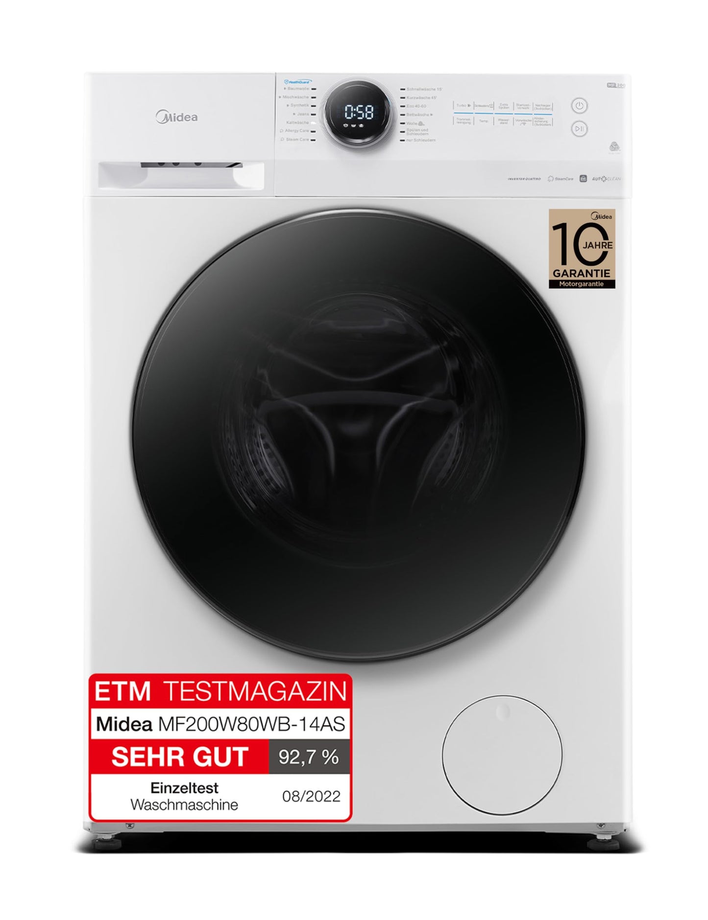 Midea MF200W80WB-14AS Waschmaschine/8KG /Energieeffizienzklasse A/Mengenautomatik/Steam Care/Nachlegefunktion / 1400 U/min/Zeitsparen - Turbo/nur 48 cm tief/APP-Steuerung, AquaStop, Weiß