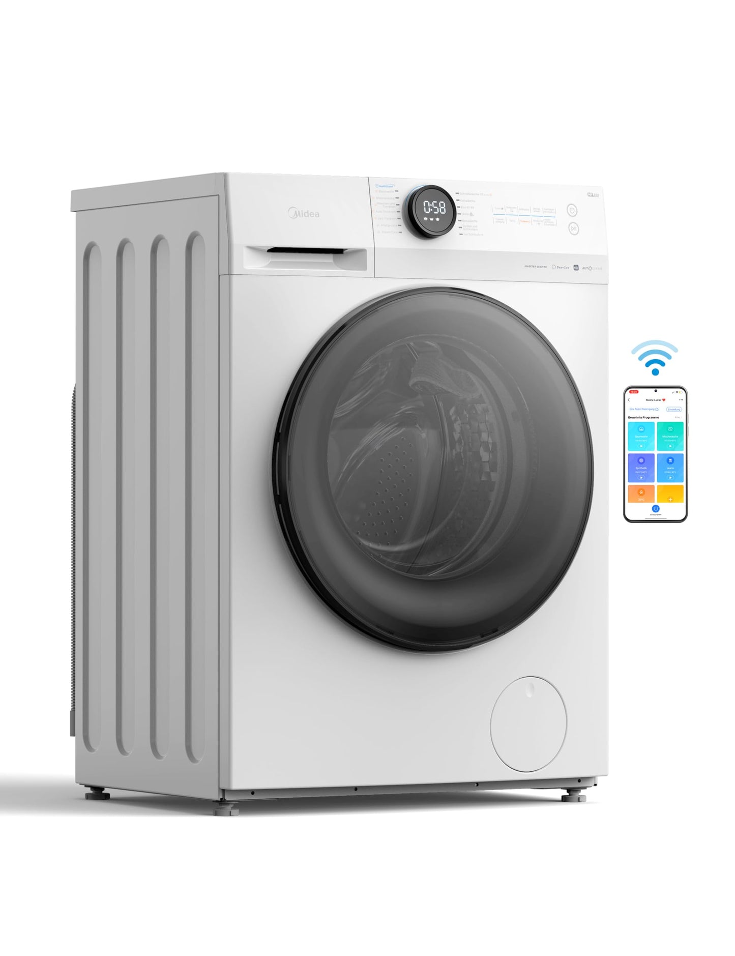 Midea MF200D86WB-14DAS Waschtrokner, 8&6kg Waschen&Trocknen, Inverter Mortor, Auffrischen, 60 Min. Waschen & Trocknen, Steam Care, Turbo, 48 cm tief, APP-Steuerung, AquaStop