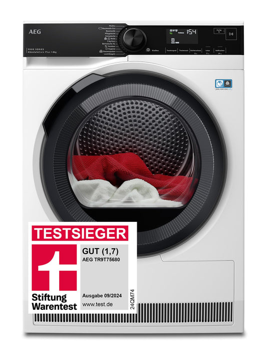 AEG Wärmepumpentrockner 8 kg, Serie 9000: AbsoluteCarePlus Daunentrocknung, Testsieger Stiftung Warentest, 3D-Scan Restfeuchteermittlung, Energiekl. C, Energiesparend, Trommelbeleuchtung, TR9T75680