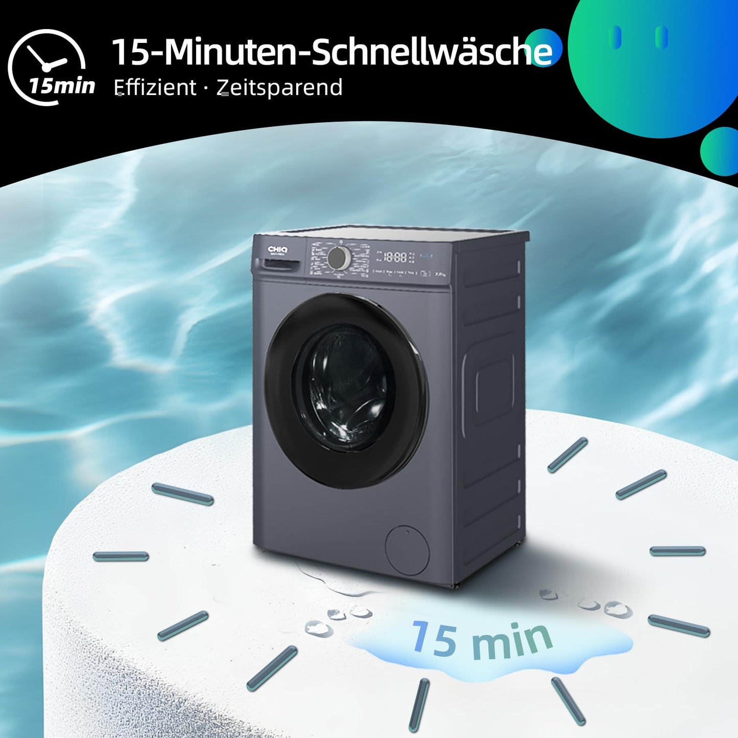 CHiQ Waschmaschine 7kg, InverterMotor, EEK A| 60x46,5x84cm, Große Tür| Eco, Speed Wash, Auto Clean, Kindersicherung|1200 U/Min, Washer Grau, CW07123863AX