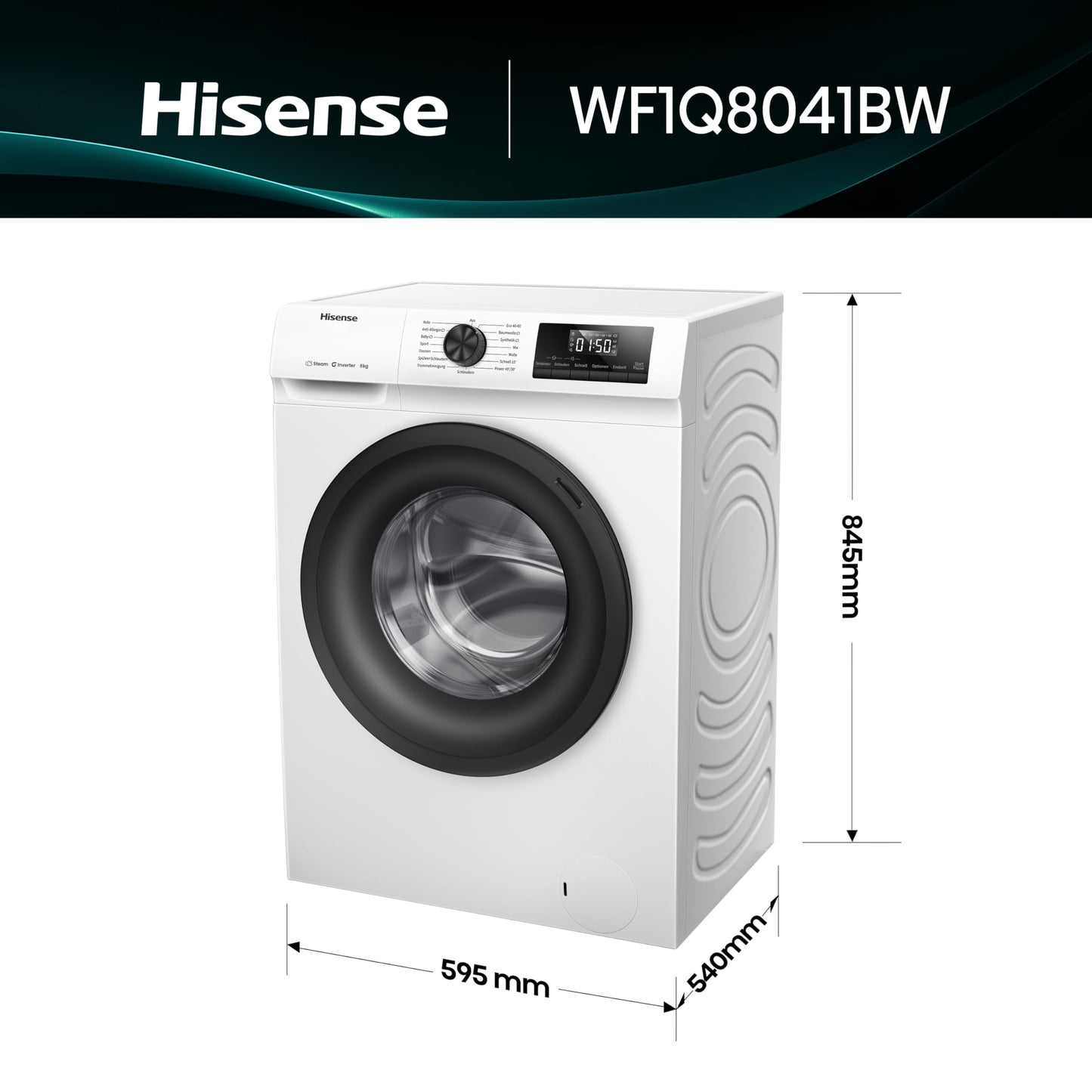 Hisense WF1Q8041BW Waschmaschine mit Dampffunktion /8KG /1400 U/Min /15 Programme/Anti-Allergie Programm/Baby-Wäsche/AutoWash/QuickWash/Daunen/Eco/Power 49' / Verzögertes Ende/EEK: A/Weiß