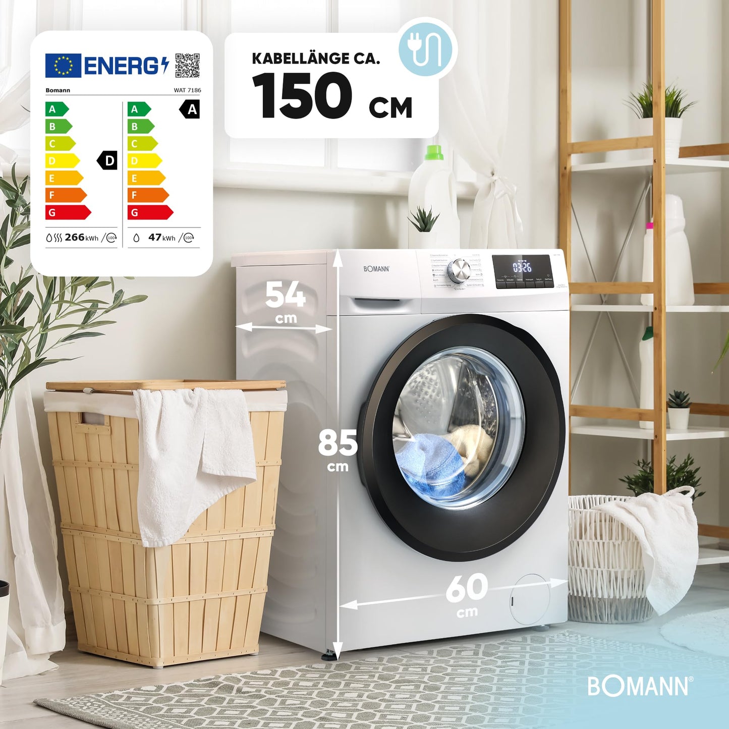 Bomann Waschtrockner WAT 7186, 8 kg Waschen und 5 kg Trocknen, 1400 U/Min, Weiß