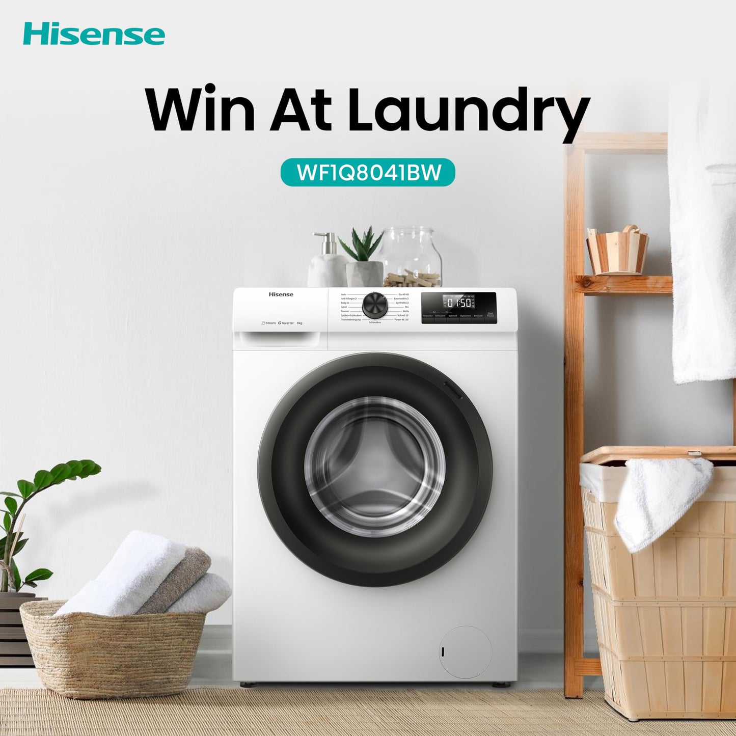 Hisense WF1Q8041BW Waschmaschine mit Dampffunktion /8KG /1400 U/Min /15 Programme/Anti-Allergie Programm/Baby-Wäsche/AutoWash/QuickWash/Daunen/Eco/Power 49' / Verzögertes Ende/EEK: A/Weiß