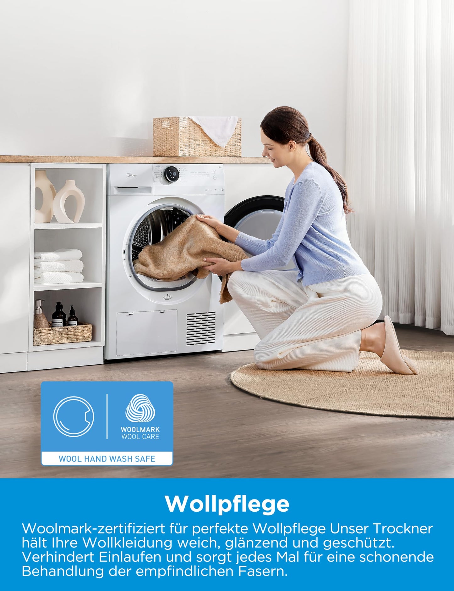 Midea MD20EH80WB-A3 Wärmepumpentrockner, 8 kg, Energieklasse C, UV Hygience, Knitterschutz, Sanfte Pflege, Auto Dry, Wollpflege, Auffrischen, Fernsteuerung, Startzeitvorwahl, Weiß