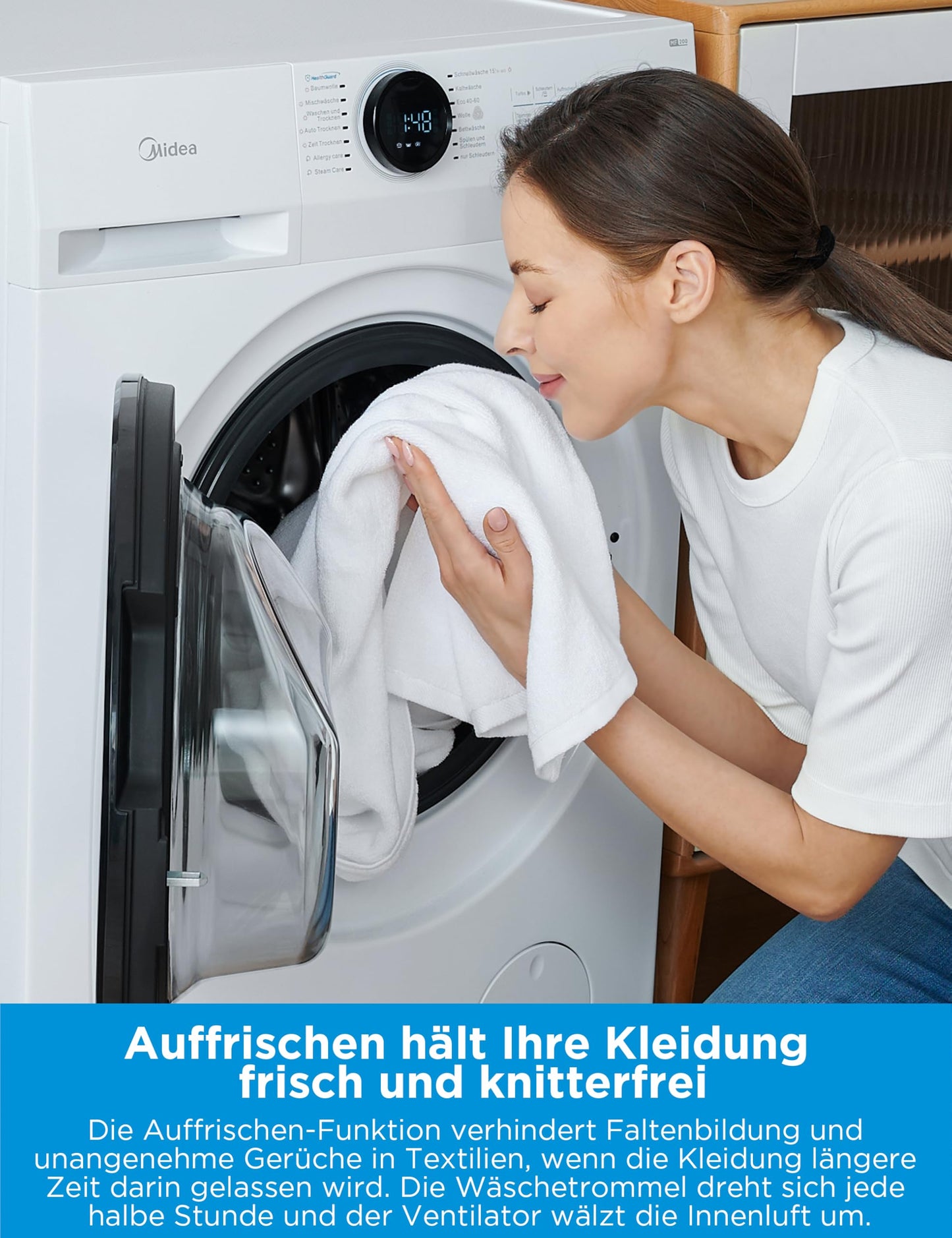 Midea MF200D86WB-14DAS Waschtrokner, 8&6kg Waschen&Trocknen, Inverter Mortor, Auffrischen, 60 Min. Waschen & Trocknen, Steam Care, Turbo, 48 cm tief, APP-Steuerung, AquaStop