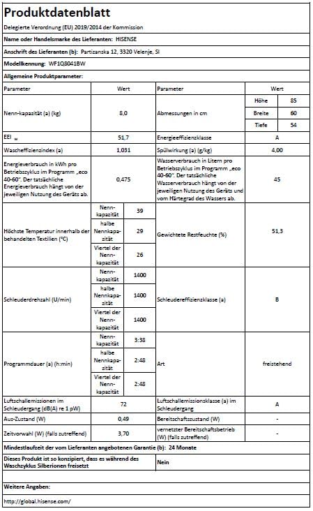 Hisense WF1Q8041BW Waschmaschine mit Dampffunktion /8KG /1400 U/Min /15 Programme/Anti-Allergie Programm/Baby-Wäsche/AutoWash/QuickWash/Daunen/Eco/Power 49' / Verzögertes Ende/EEK: A/Weiß