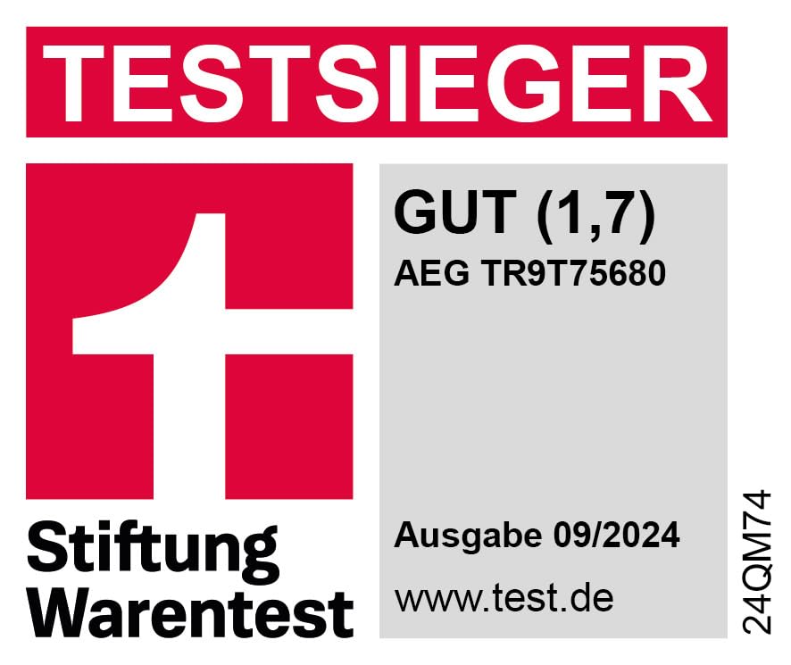 AEG Wärmepumpentrockner 8 kg, Serie 9000: AbsoluteCarePlus Daunentrocknung, Testsieger Stiftung Warentest, 3D-Scan Restfeuchteermittlung, Energiekl. C, Energiesparend, Trommelbeleuchtung, TR9T75680
