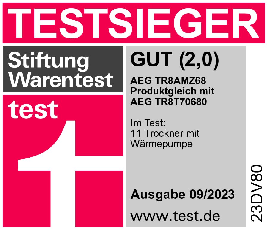 AEG Wärmepumpentrockner 8 kg, Testsieger der Stiftung Warentest, Serie 8000 AbsoluteCare - Wolle- und Seidetrocknung, C, Energiesparend, Trommelbeleuchtung, Knitterschutz, Schontrommel, TR8AMZ68