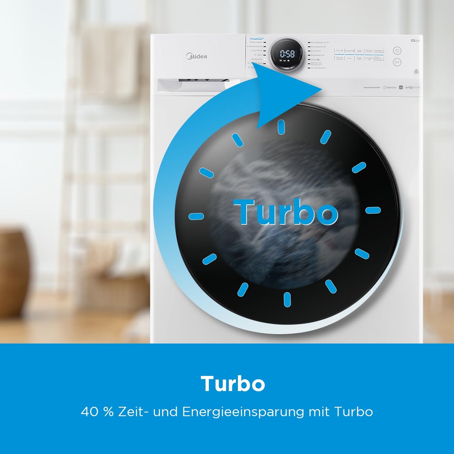Midea MF200W80WB-14AS Waschmaschine/8KG /Energieeffizienzklasse A/Mengenautomatik/Steam Care/Nachlegefunktion / 1400 U/min/Zeitsparen - Turbo/nur 48 cm tief/APP-Steuerung, AquaStop, Weiß