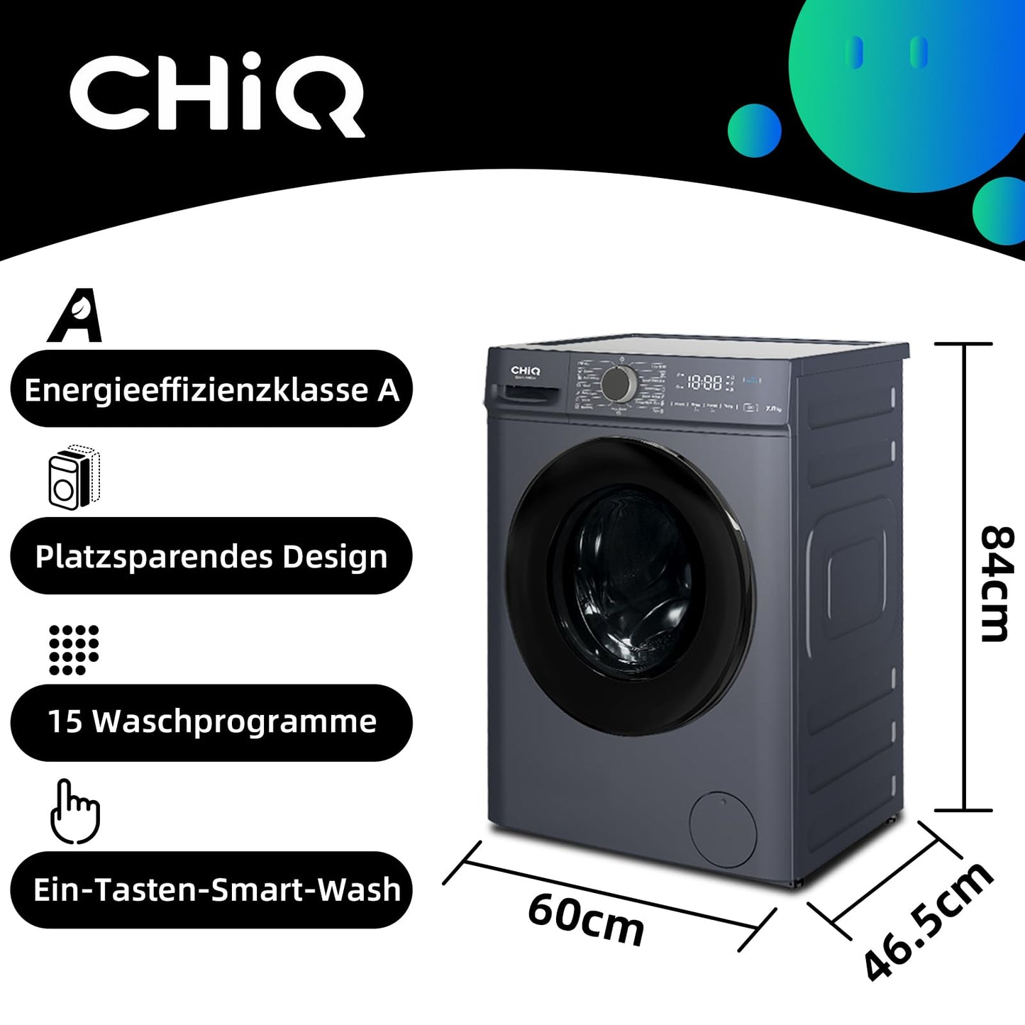 CHiQ Waschmaschine 7kg, InverterMotor, EEK A| 60x46,5x84cm, Große Tür| Eco, Speed Wash, Auto Clean, Kindersicherung|1200 U/Min, Washer Grau, CW07123863AX