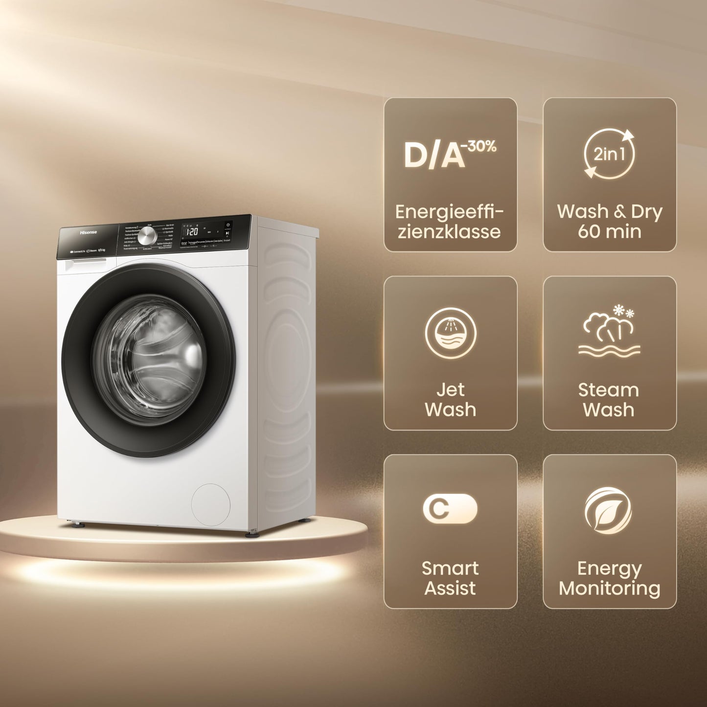 Hisense WD3S8043BW3 Waschtrockner/ConnectLife /16 Programme /8 KG, 54 Liter /1400 U/min/Dampffunktion/JetWash/Anti-Allergie Program/Auto Program/Eco Wash/Steam Refresh/Wolle/EEK A-D