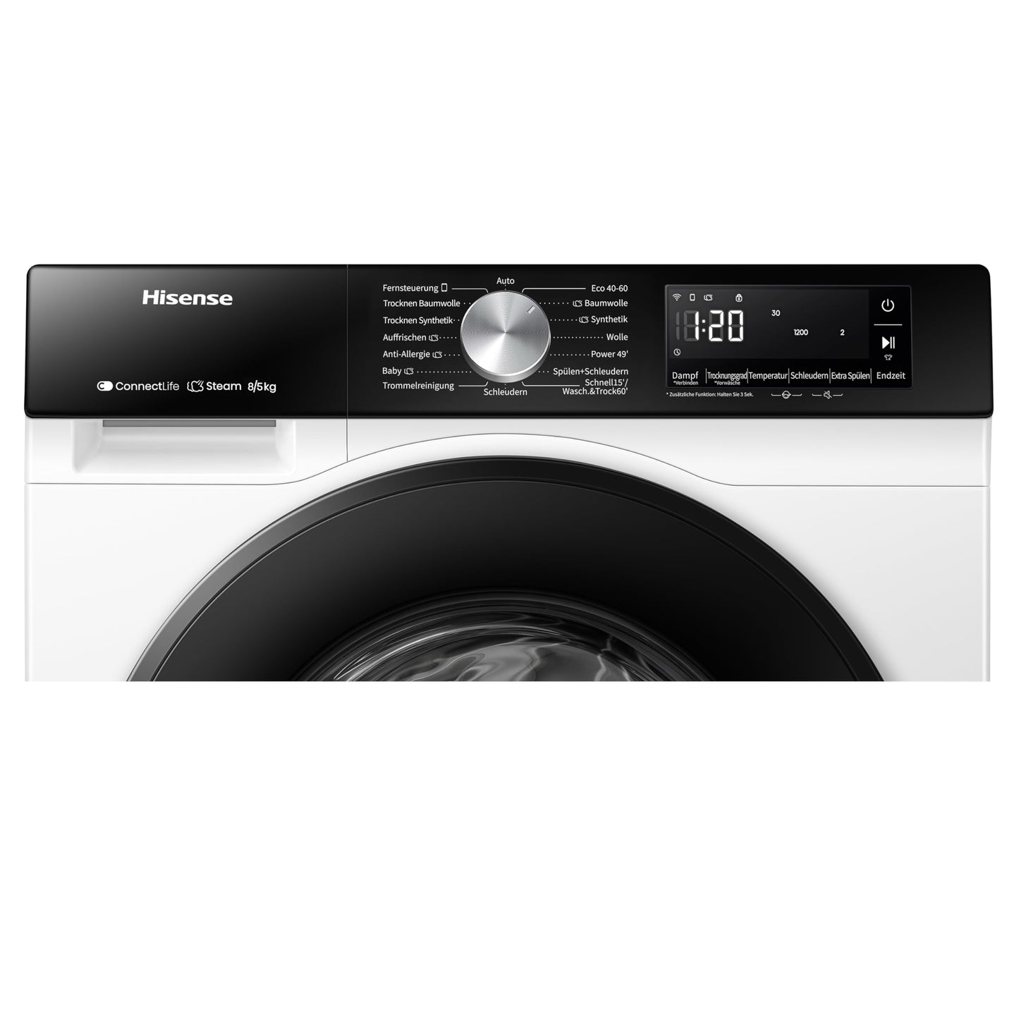 Hisense WD3S8043BW3 Waschtrockner/ConnectLife /16 Programme /8 KG, 54 Liter /1400 U/min/Dampffunktion/JetWash/Anti-Allergie Program/Auto Program/Eco Wash/Steam Refresh/Wolle/EEK A-D