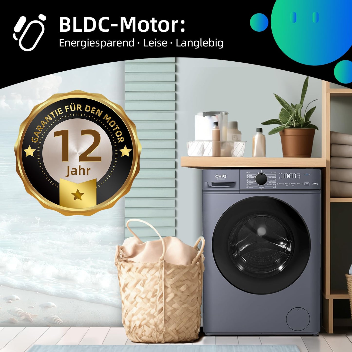 CHiQ Waschmaschine 7kg, InverterMotor, EEK A| 60x46,5x84cm, Große Tür| Eco, Speed Wash, Auto Clean, Kindersicherung|1200 U/Min, Washer Grau, CW07123863AX