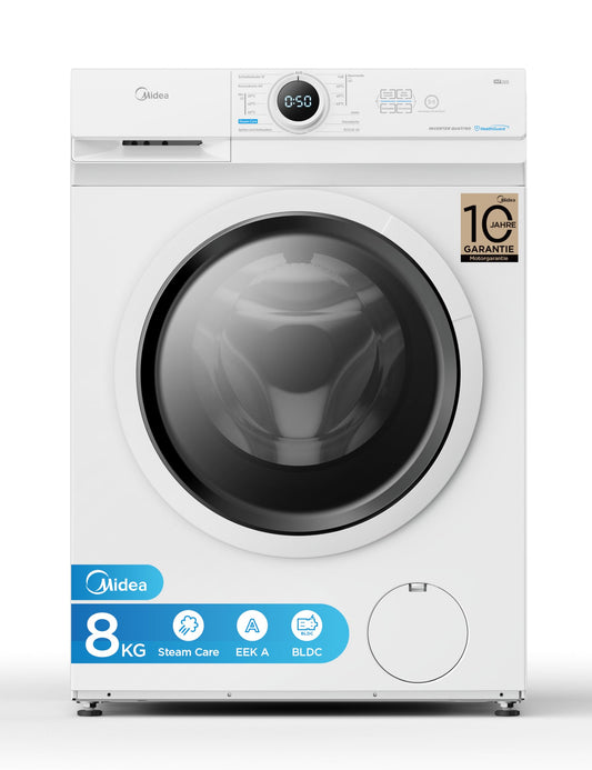 Midea MF10EW80B Waschmaschine / 8kg / 1400 U/Min/EEK A/Inverter Quattro Moto/Dampffunktion/Grosse Trommel/Slim Design/Nachlegefunktion/Kindersicherung/AquaStop, Weiß