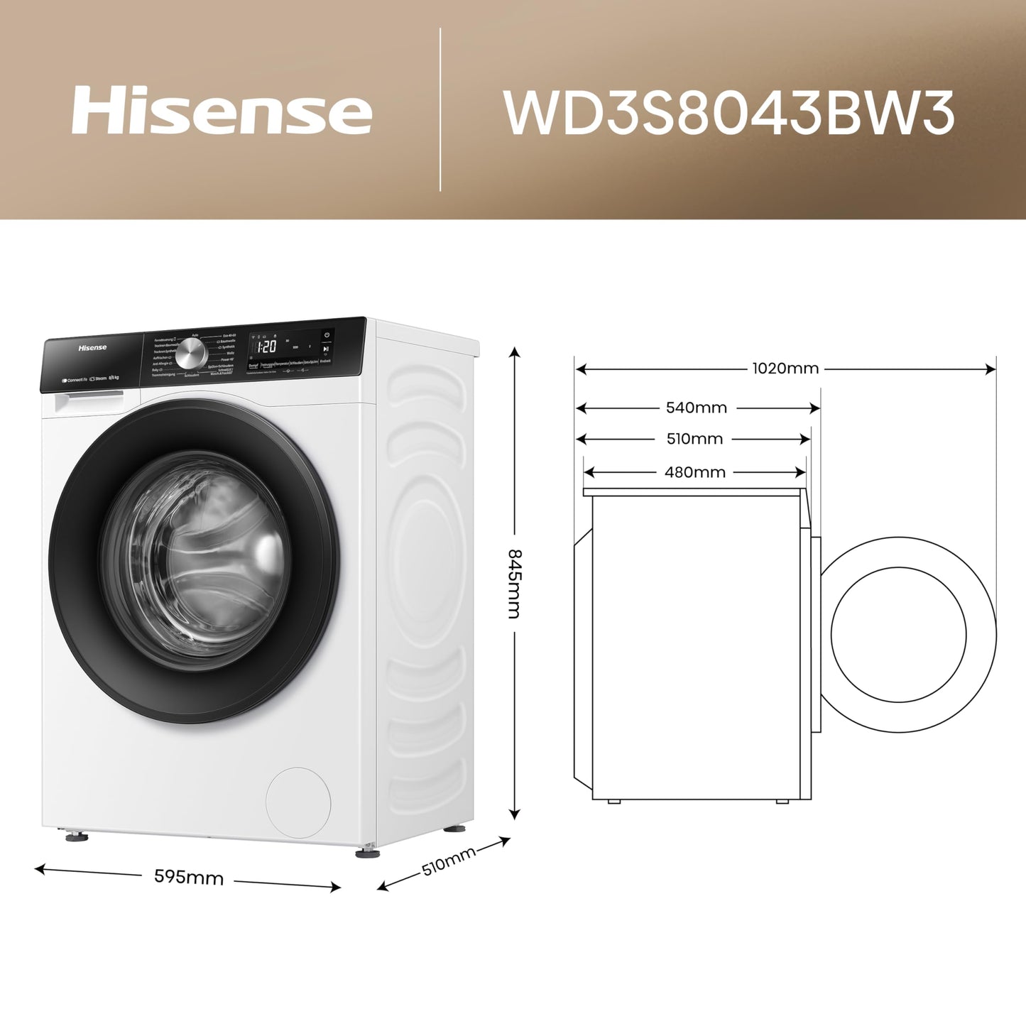 Hisense WD3S8043BW3 Waschtrockner/ConnectLife /16 Programme /8 KG, 54 Liter /1400 U/min/Dampffunktion/JetWash/Anti-Allergie Program/Auto Program/Eco Wash/Steam Refresh/Wolle/EEK A-D