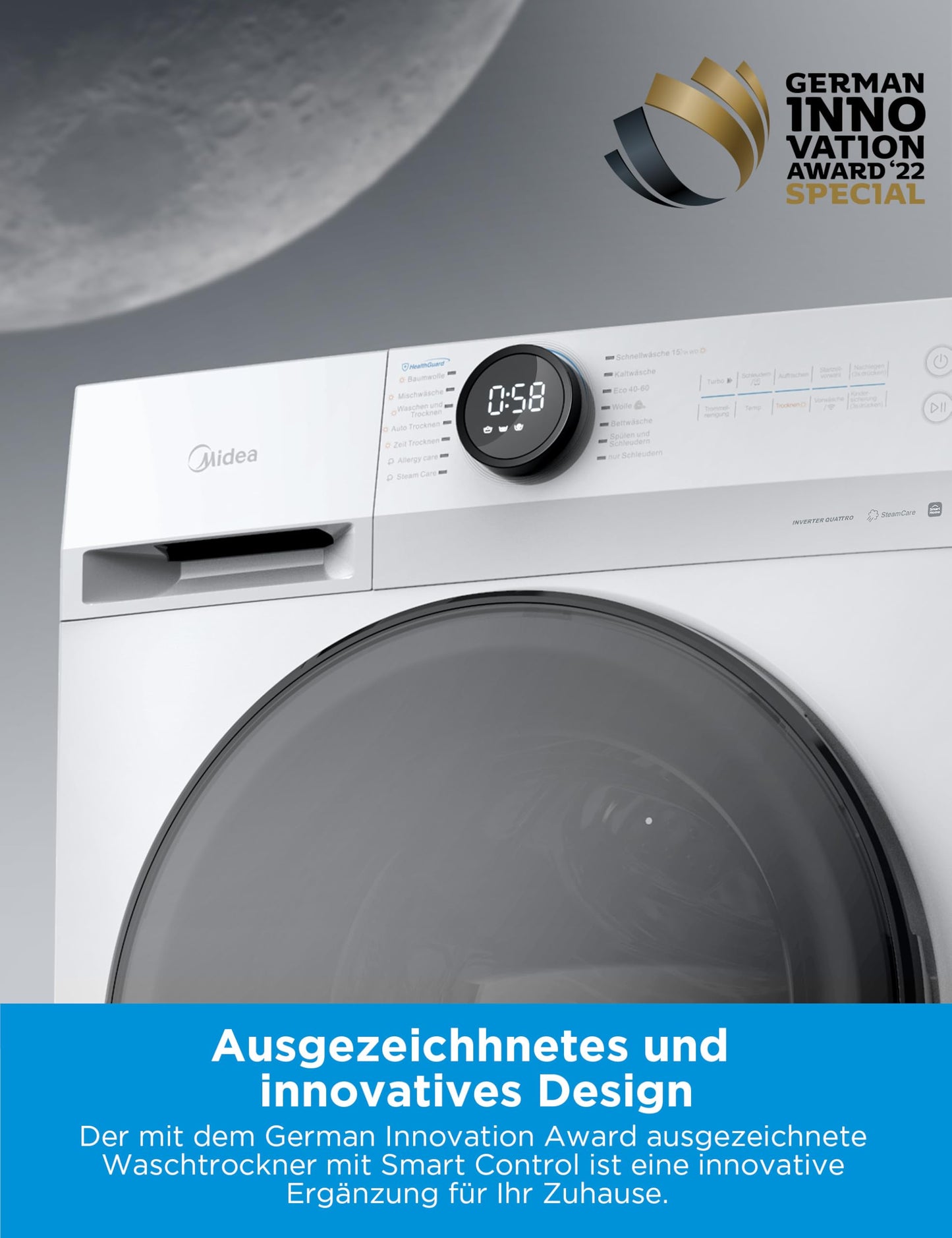 Midea MF200D86WB-14DAS Waschtrokner, 8&6kg Waschen&Trocknen, Inverter Mortor, Auffrischen, 60 Min. Waschen & Trocknen, Steam Care, Turbo, 48 cm tief, APP-Steuerung, AquaStop
