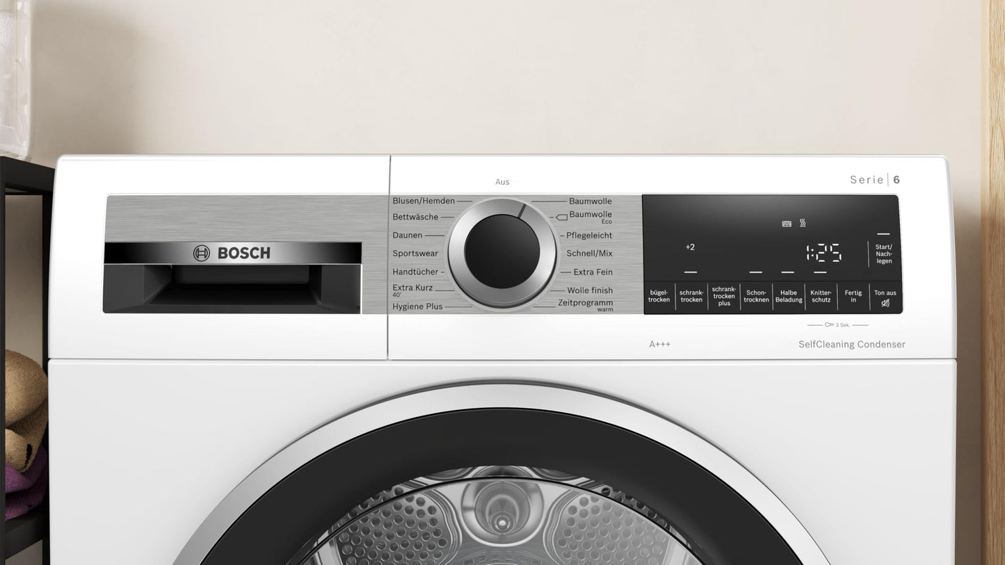 Bosch WQG235D00, Stiftung Warentest GUT (2,2)*, Serie 6, Wärmepumpentrockner 8 kg, Schneller getrocknete Wäsche, Auto Dry, Option Halbe Beladung, Sensitive Drying-System, Selbstreinigender Kondensator