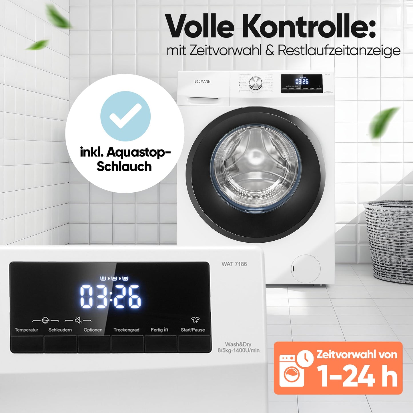 Bomann Waschtrockner WAT 7186, 8 kg Waschen und 5 kg Trocknen, 1400 U/Min, Weiß