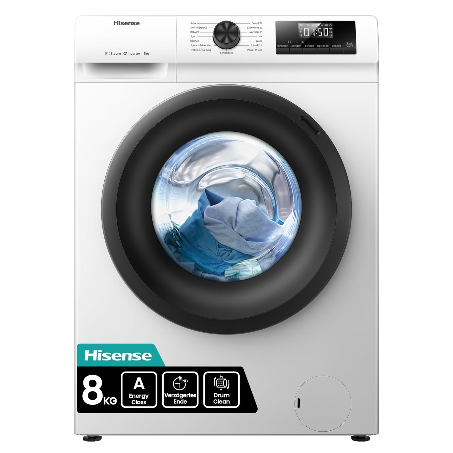 Hisense WF1Q8041BW Waschmaschine mit Dampffunktion /8KG /1400 U/Min /15 Programme/Anti-Allergie Programm/Baby-Wäsche/AutoWash/QuickWash/Daunen/Eco/Power 49' / Verzögertes Ende/EEK: A/Weiß