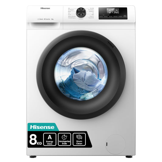 Hisense WF1Q8041BW Waschmaschine mit Dampffunktion /8KG /1400 U/Min /15 Programme/Anti-Allergie Programm/Baby-Wäsche/AutoWash/QuickWash/Daunen/Eco/Power 49' / Verzögertes Ende/EEK: A/Weiß