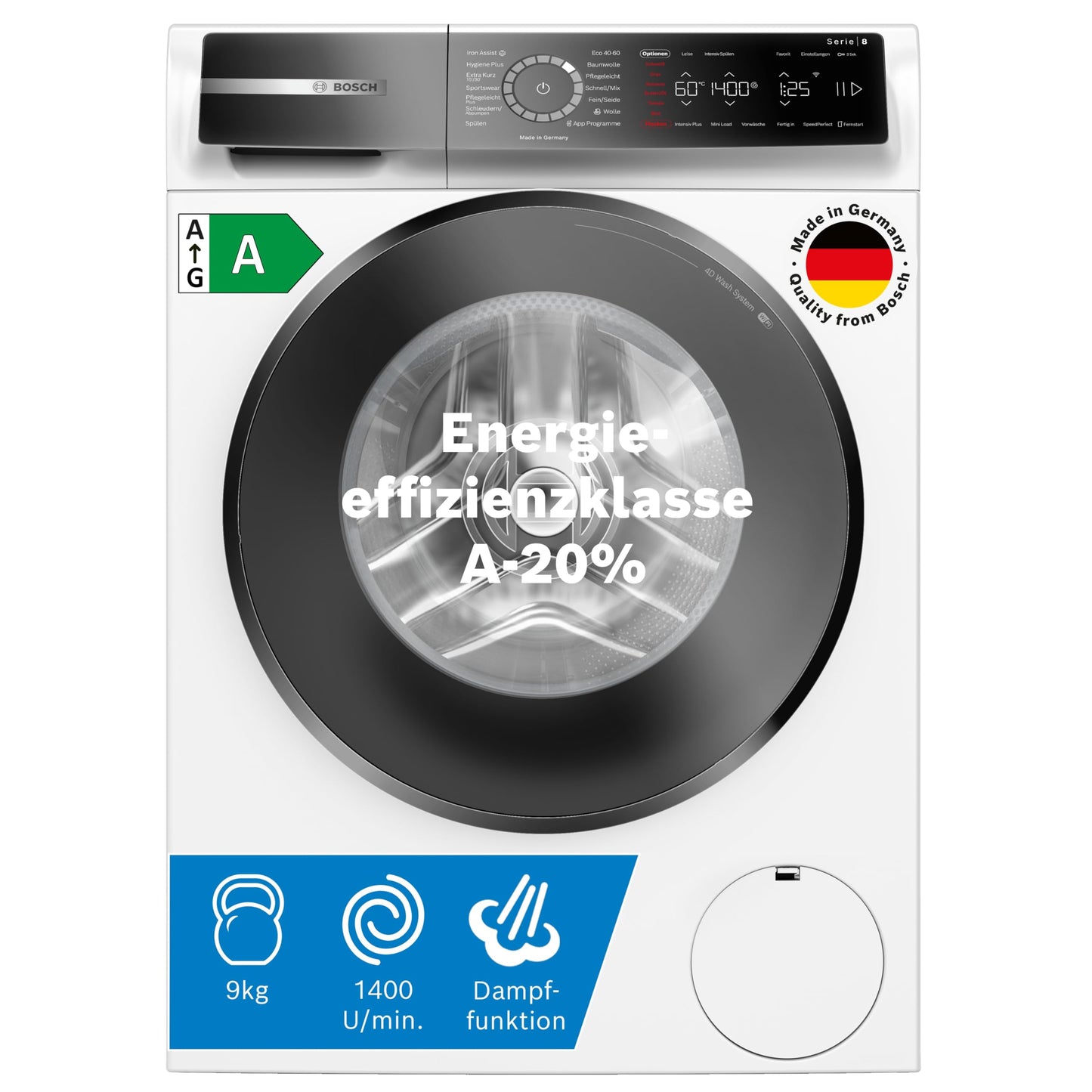 Bosch WGB244040 Serie 8 Smarte Waschmaschine, 9 kg, 1400 UpM, Made in Germany, Active Water Plus Energie- und Wasserersparnis, Iron Assist Dampf zum Entknittern, Mini Load