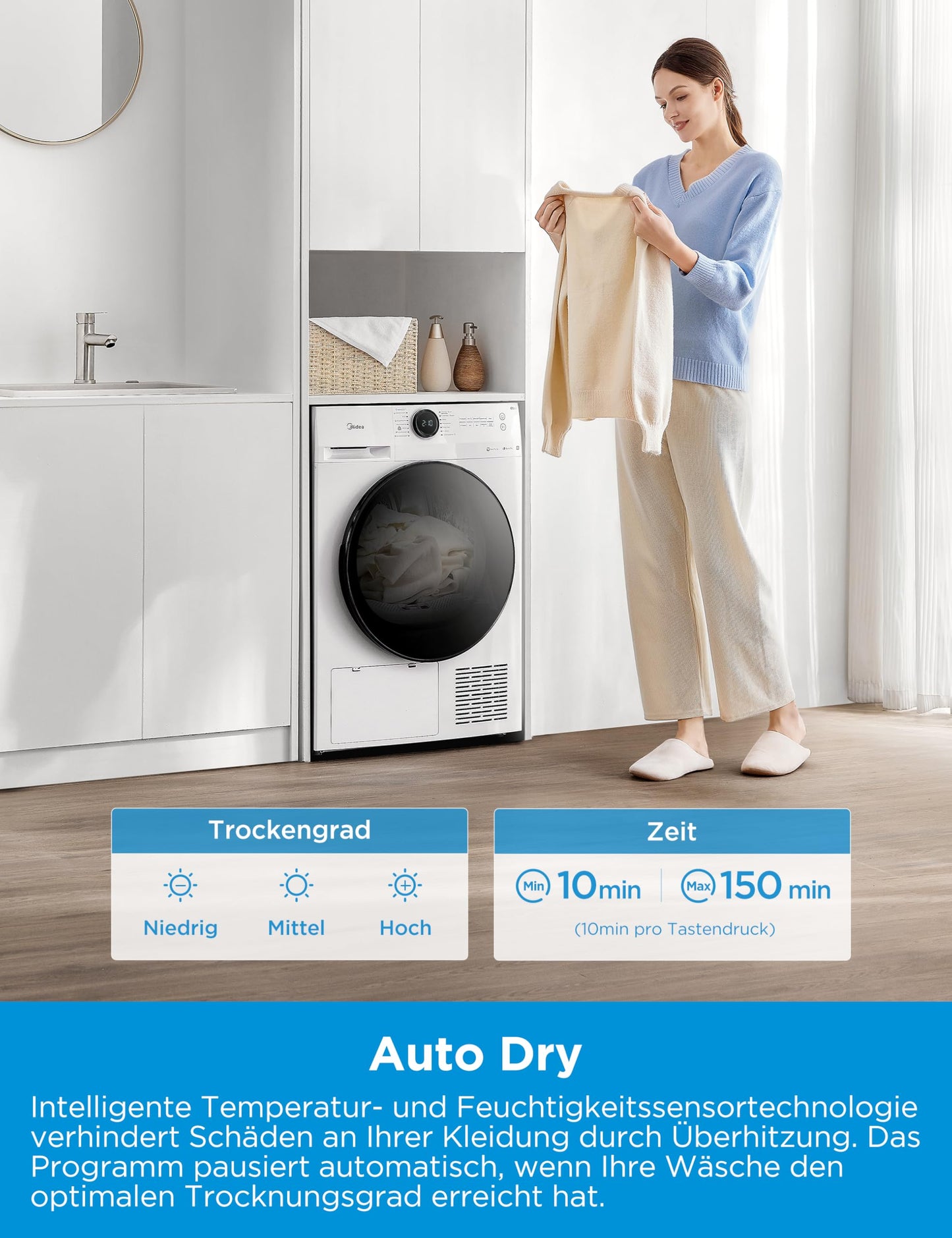 Midea MD20EH80WB-A3 Wärmepumpentrockner, 8 kg, Energieklasse C, UV Hygience, Knitterschutz, Sanfte Pflege, Auto Dry, Wollpflege, Auffrischen, Fernsteuerung, Startzeitvorwahl, Weiß