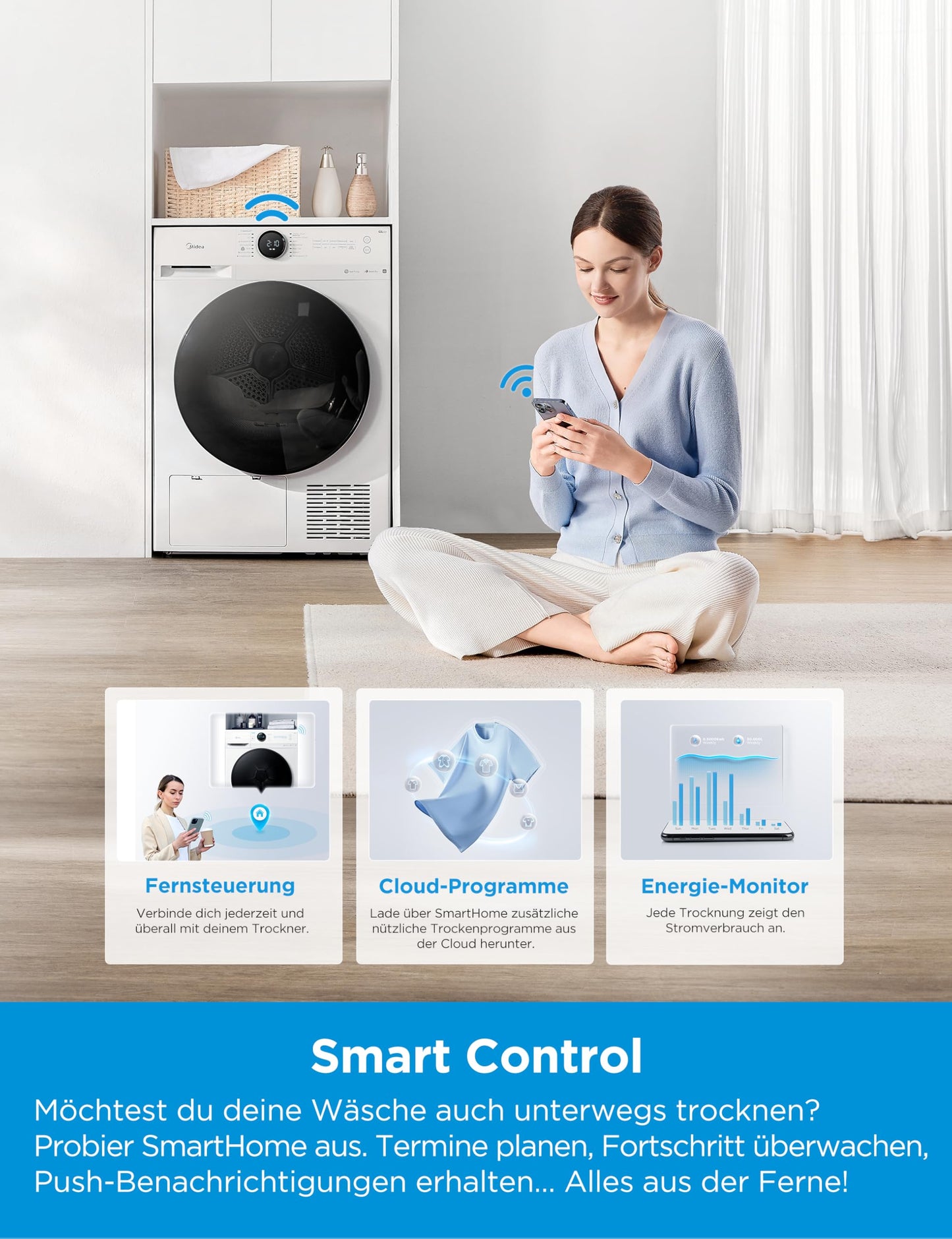 Midea MD20EH80WB-A3 Wärmepumpentrockner, 8 kg, Energieklasse C, UV Hygience, Knitterschutz, Sanfte Pflege, Auto Dry, Wollpflege, Auffrischen, Fernsteuerung, Startzeitvorwahl, Weiß