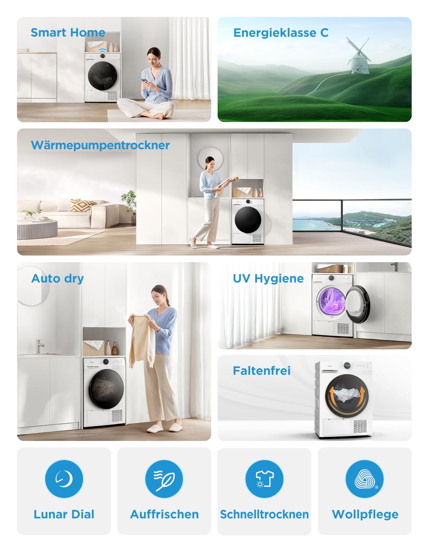 Midea MD20EH80WB-A3 Wärmepumpentrockner, 8 kg, Energieklasse C, UV Hygience, Knitterschutz, Sanfte Pflege, Auto Dry, Wollpflege, Auffrischen, Fernsteuerung, Startzeitvorwahl, Weiß