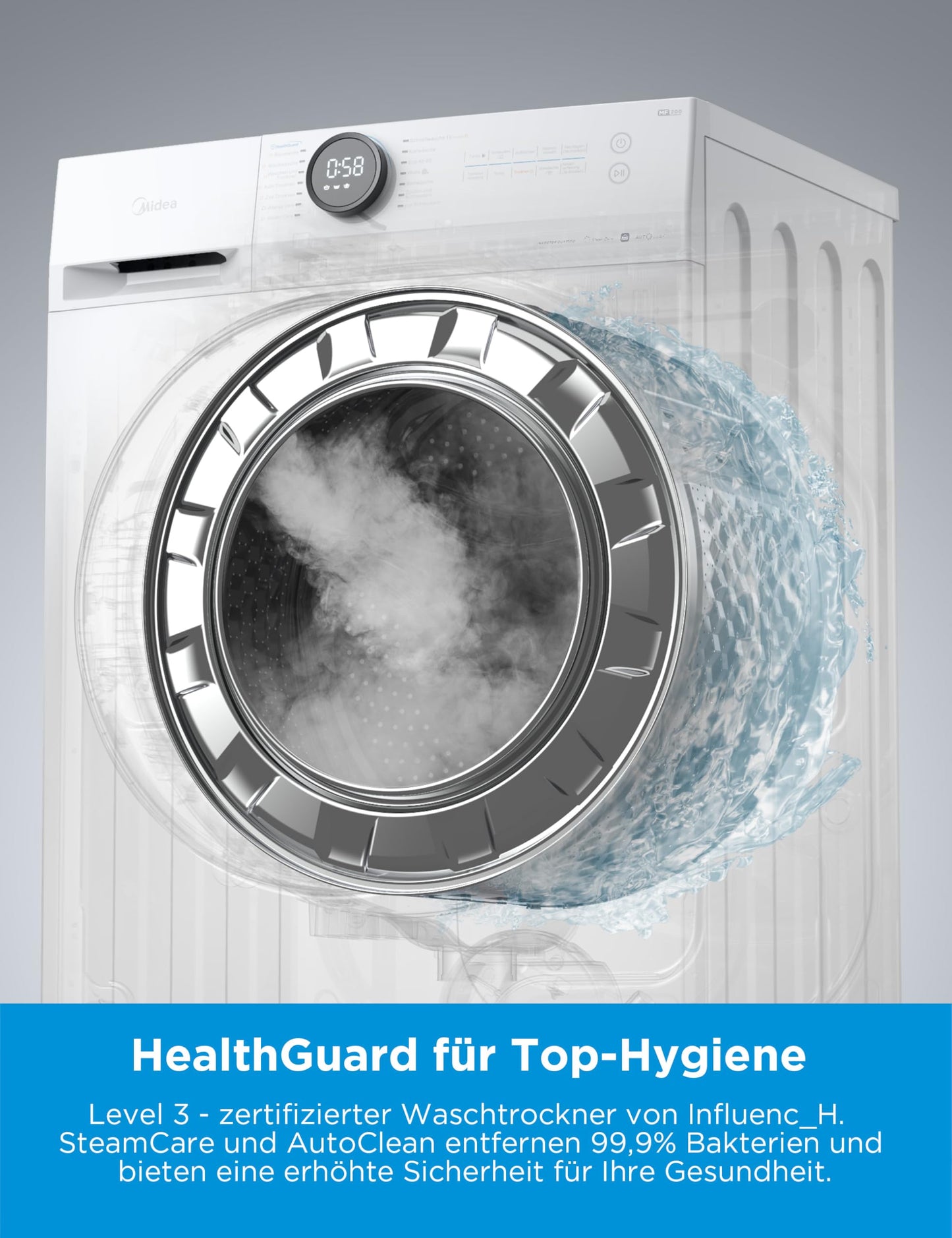 Midea MF200D86WB-14DAS Waschtrokner, 8&6kg Waschen&Trocknen, Inverter Mortor, Auffrischen, 60 Min. Waschen & Trocknen, Steam Care, Turbo, 48 cm tief, APP-Steuerung, AquaStop