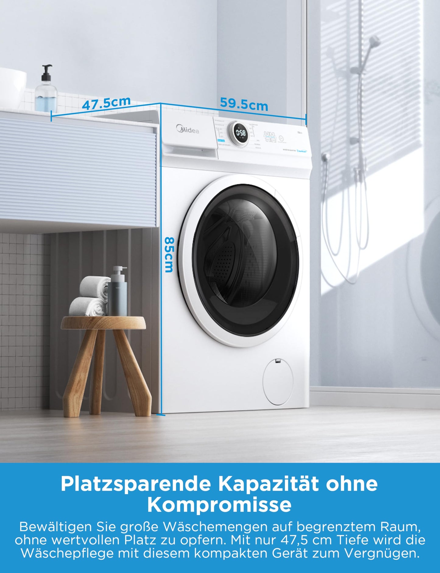 Midea MF10EW80B Waschmaschine / 8kg / 1400 U/Min/EEK A/Inverter Quattro Moto/Dampffunktion/Grosse Trommel/Slim Design/Nachlegefunktion/Kindersicherung/AquaStop, Weiß